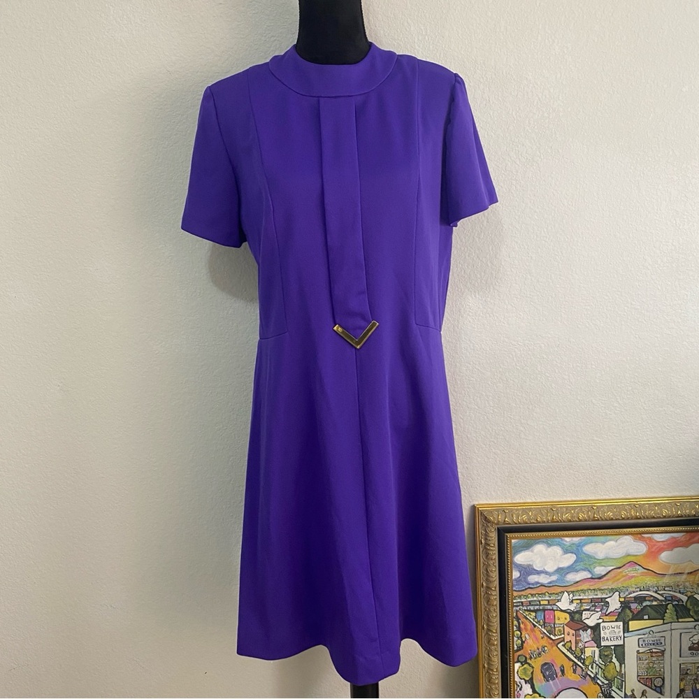 Vintage‎ Carol Brent Purple A-Line Midi Dress Gold Accent High Neck Short Sleeve